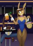 alcohol anthro bar beer beverage blue_eyes bow_(feature) bow_tie breasts bunny_costume clothing costume drunk duo female fishnet_clothing hair hair_bun money substance_intoxication tipping wallet drake-rex gabbslines beliza_(gabbslines) european_hare hare lagomorph leporid mammal mustelid otter absurd_res hi_res