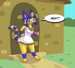 anthro beverage blue_eyes blue_hair clothed clothing dress egyptian egyptian_clothing female fur hair looking_at_viewer markings outside solo striped_markings striped_tail stripes tail tail_markings yellow_body yellow_fur tempestryder animal_crossing nintendo ankha_(animal_crossing) domestic_cat felid feline felis mammal 2021