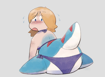 anthro blue_body blue_eyes blush bodily_fluids bra butt clothed clothing female flying_sweatdrops hair inflatable inflatable_transformation mid_transformation panties pool_toy solo species_transformation sweat sweatdrop tail transformation underwear dondedun em_(dondedun) animate_inanimate humanoid living_inflatable