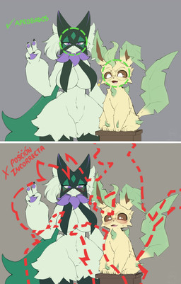 big_breasts breasts eyewear female glasses male male/female purple_eyes shy thick_thighs shoko_steff nintendo pokemon fan_character eeveelution generation_4_pokemon generation_9_pokemon leafeon meowscarada pokemon_(species) shiny_pokemon absurd_res hi_res meme