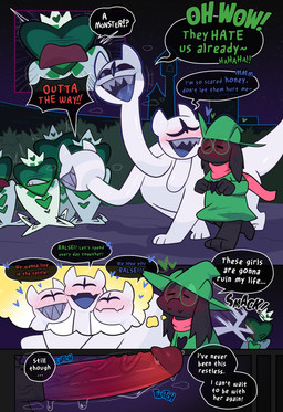 3_heads black_body black_fur blue_eyes clothing erection eyes_closed eyewear female fur genitals glasses green_clothing green_hat green_headwear hat headgear headwear lying male multi_head on_back penis text thought_bubble white_body crushpepper deltarune undertale_(series) clover_(deltarune) ralsei hathy eyes comic english_text hi_res tagme