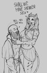 anthro bald beard dialogue duo ear_piercing ear_ring facial_hair female male male/female piercing ring_piercing size_difference text microsoft the_elder_scrolls cole_mclean klandagi felid khajiit mammal english_text hi_res monochrome