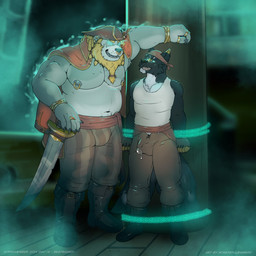 anthro anthro_on_anthro beard biped bodily_fluids chain clothing dominant dominant_male drooling duo ejaculation eye_contact facial_hair genital_fluids glowing glowing_eyes gold_(metal) gold_jewelry hands-free hypnosis jewelry kerchief larger_male looking_at_another male male/male male_anthro melee_weapon mind_control muscular muscular_male nipple_piercing nipple_ring nipples open_mouth open_smile pecs piercing pirate pirate_hat plantigrade possession precum precum_through_clothing precum_through_pants restrained ring ring_(jewelry) ring_piercing ringed_eyes saliva sash shirt size_difference smaller_male smile standing submissive submissive_male sword tank_top tenting text topwear weapon wet wet_clothing thedecisivepanda hypnovember aki_(thedecisivepanda) bear canid canine ghost giant_panda mammal spirit 1:1 2024 english_text hi_res story story_in_description
