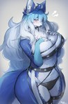 accessory anthro big_breasts blue_body blue_eyes blue_fur blue_hair blush bra breasts chest_tuft claws cleavage clothed clothing curvy_anthro curvy_female curvy_figure eyelashes female female_anthro fluffy fluffy_tail fur garter hair half-closed_eyes hand_on_breast hourglass_figure hourglass_figured_anthro hourglass_figured_female inner_ear_fluff kemono lingerie long_hair looking_at_viewer markings midriff multicolored_hair narrowed_eyes panties seductive simple_background solo standing tail thick_thighs tuft two_tone_hair underwear white_body white_fur white_hair wide_hipped_anthro wide_hipped_female wide_hips suurin_2 saphayla_(zelianda) canid canine fox mammal absurd_res blue_theme cool_colors digital_media_(artwork) digital_painting_(artwork) hi_res portrait shaded three-quarter_portrait