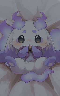 ambiguous_gender bed bell black_nose blue_body blue_ear_tips blue_fire blue_fur blue_tail blush blush_lines colored_fire dipstick_ears ear_markings fire fur furniture green_eyes looking_at_viewer lying markings multicolored_ears on_back on_bed open_mouth pawpads paws semi-anthro solo spread_legs spreading tail white_body white_ears white_fur kemosaba_kun nijisanji vtuber lunlun_(nijisanji) unknown_species hi_res