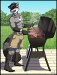 5_fingers 5_toes abs anthro barbecue barefoot baseball_cap biceps biped black_body black_fur blue_eyes bottomwear bulge claws clothed clothing cooking cooking_tongs day dog_tags featureless_chest feet fingers food fur gas_bottle gloves_(marking) grass grey_body grey_fur grill hat headgear headwear holding_object holding_tool kitchen_spatula kitchen_utensils leg_markings looking_back male markings meat muscular muscular_anthro muscular_male open_mouth open_smile outside pecs plant shorts shrub side_view sky smile smoke socks_(marking) solo spatula stripes summer tail toes tongs tongue tools topless whiskers sabretoothed_ermine azban mammal procyonid raccoon 2012