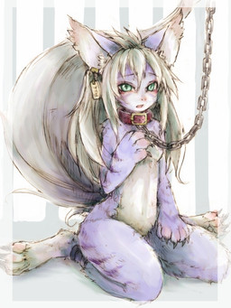 anthro biped blue_body blue_fur blush breasts chain chain_leash claws collar digitigrade ear_piercing ear_tag female fluffy fur green_eyes hair kneeling knock-kneed leash loli nude piercing purple_body purple_fur sitting slave small_breasts solo tail white_hair wide_hips young young_anthro isaya canid canine mammal