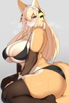 anthro areola big_breasts bikini blonde_hair blue_eyes breasts clothed clothing female fur hair huge_breasts kemono legwear nipples pink_areola pink_nipples simple_background solo stockings swimwear two-piece_swimsuit yellow_body yellow_fur faeki faeki_(character) canid canine fox mammal 2:3 hi_res