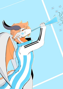 anthro argentina argentina_flag celebration clothing fur grey_body hair horn male orange_hair orange_wings simple_background solo vuvuzela wings world_cup tobiasnana mythology thomas_lipsen dragon furred_dragon furred_scalie mythological_creature mythological_scalie scalie absurd_res hi_res