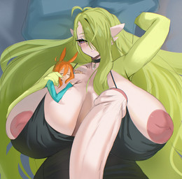 anthro big_breasts big_penis breasts clothing cuddling dress duo foreskin frenulum genitals green_hair gynomorph hair hair_over_eye intersex intersex/male inverted_nipples looking_at_another looking_at_partner male nipple_slip nipples one_eye_obstructed partially_retracted_foreskin penis size_difference sleeping smile gaikiken nintendo pokemon linnea_(gaikiken) roz-kun animal_humanoid equid equid_humanoid equine equine_humanoid gardevoir generation_3_pokemon humanoid mammal mammal_humanoid pokemon_(species) hi_res