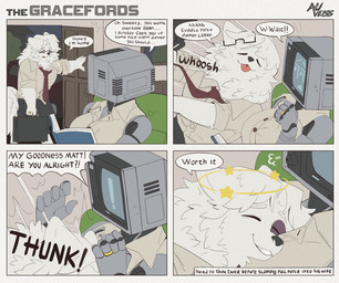 4_panel_comic 5_fingers anthro big_breasts black_text book breasts bruised bruised_eye case chair clenched_teeth clothed clothing dialogue door duo ellipsis exclamation_point eyebrows eyes_closed eyewear female fingers fluffy fluffy_tail for_a_head fur furniture glasses grey_body hair holding_case husband_and_wife inside looking_at_another machine male married_couple motion_lines necktie on_chair open_mouth open_smile question_mark ring screen screen_face shirt sitting sitting_on_chair smile sound_effects speech_bubble tail talking_to_another teeth text text_box tongue topwear white_body white_fur white_hair auveiss matthew_graceford_(auveiss) melissa_graceford_(auveiss) canid canine humanoid mammal object_head robot screen_head 2026 comic english_text hi_res