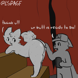anthro butt clothing curtains curtains_closed dialogue duo fur hat hat_only headgear headgear_only headwear headwear_only male male/male mostly_nude white_body white_fur lspagf boy_kisser_(meme) felid feline mammal 1:1 absurd_res hi_res meme