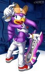 anthro beak blue_eyes bottomwear bottomwear_down breasts butt butt_tattoo clothed clothing eyelashes female gloves handwear holding_object hoverboard inside looking_at_viewer non-mammal_breasts pants pants_down partially_clothed purple_body small_breasts solo tattoo tools topwear wrench escopeto sega sonic_riders sonic_the_hedgehog_(series) wave_the_swallow avian 2016