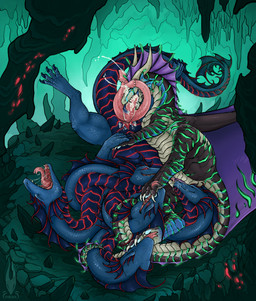 3_penises 4_fingers 4_toes 5_heads animal_genitalia bioluminescence blue_body blue_membrane blue_scales bodily_fluids brown_body brown_scales cave cheek_frill claws cum cum_in_mouth cum_inside cunnilingus detailed_background duo ejaculation fangs feet female feral fin fingers foot_fetish foot_lick forked_tongue frill_(anatomy) genital_fluids genital_slit genitals glowing glowing_body glowing_eyes green_glow green_stripes hands-free head_fin horn licking male male/female membrane_(anatomy) multi_genitalia multi_head multi_penis nature nature_background neck_frill open_mouth oral oral_orgasm orgasm penis pink_penis purple_vulva quadruped red_body red_eyes red_glow red_stripes saliva saliva_on_pawpads saliva_on_penis saliva_on_tongue saliva_on_vulva scales sex spines stripes tail teeth toes tongue tongue_out vaginal vulva wet yellow_eyes firael european_mythology greek_mythology mythology siatrax voxatal dragon hydra mythological_creature mythological_scalie scalie absurd_res hi_res