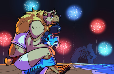 anthro beach carrying_another eating_hair fireworks male male/male male_anthro mane night piggyback pompadour size_difference thekinkybear mythology karou_(thekbear) kori_ice_cream_(monkeydbax) bear dragon mammal mythological_creature mythological_scalie scalie absurd_res hi_res