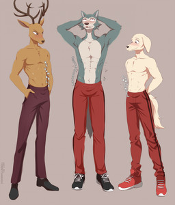 abs anthro athletic biceps blush bottomwear cheek_tuft clothed clothing embarrassed facial_tuft featureless_chest footwear fur group hand_in_pocket hands_behind_head male male/male multicolored_body multicolored_fur muscular onomatopoeia pants pecs pockets shoes simple_background sound_effects standing tail text topless trio tuft tommysamash beastars jack_(beastars) legoshi_(beastars) louis_(beastars) canid canine canis deer domestic_dog mammal wolf 2024 absurd_res digital_media_(artwork) hi_res