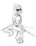 anthro blind disability eyelashes eyewear female long_tail sitting snout solo sunglasses tail walking_cane bybuckett cavemanon_studios snoot_game bianca_(bybuckett) fan_character dinosaur prehistoric_species reptile scalie 2024 black_and_white monochrome sketch