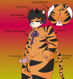 animal_genitalia anthro big_butt black_sclera butt buttplug detailed_fur erection facial_tattoo fur gem genitals horn jewel_buttplug male nude nude_anthro penis plug_(sex_toy) red_eyes ring sex_toy sheath small_penis solo stripes tattoo text thick_thighs tongue tongue_out c4nd1-3 altyren_therein demon felid mammal pantherine tiger tiger_demon detailed english_text hi_res model_sheet