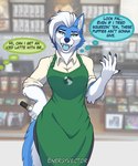 anthro black_nails blue_body blue_fur blue_tongue clothed clothed_anthro clothing colored_nails female fur hair nails solo standing text thought_bubble tongue white_hair energyvector starbucks tessa_(energyvector) canid canine canis mammal wolf meme portrait signature three-quarter_portrait