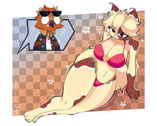 anthro big_breasts bikini breasts clothing duo duo_focus duo_in_panel female feral group looking_at_viewer male pose swimwear thick_thighs two-piece_swimsuit rod_drawings fan_character felid mammal hi_res pinup