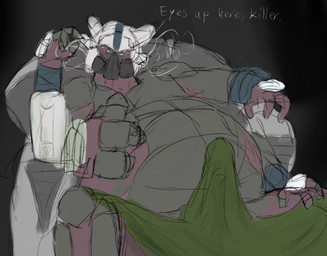 4_arms big_butt butt dialogue male male/male multi_arm multi_limb pitching_tent sitting solo caramel_tiger bungie destiny_(series) destiny_2 the_spider_(destiny) alien eliksni humanoid colored_sketch hi_res sketch