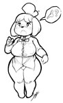 anthro big_breasts bodily_fluids bottomless bow_tie breasts clothed clothing dress_shirt female genitals huge_breasts nipple_outline no_underwear open_mouth pussy question_mark shirt simple_background slightly_chubby solo speech_bubble sweat topwear white_background starykrow animal_crossing nintendo isabelle_(animal_crossing) canid canine canis domestic_dog mammal hi_res monochrome