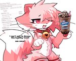 4_fingers ambiguous_gender anthro bell beverage blush blush_lines clothing collar cookie dialogue fingers food fur hair holding_beverage holding_object jingle_bell kemono legwear milkshake mostly_nude multicolored_body multicolored_fur multicolored_hair multicolored_tail nutritional_information pawpads paws pink_body pink_eyes pink_fur pink_hair solo tail text thigh_highs whiskers white_body white_fur white_hair pinkpoffinz baskin_robbins oreo_cookie puffi_(pinkpoffinz) canid canine domestic_cat felid feline felis fox hybrid mammal 2023 digital_media_(artwork) english_text hi_res male_(lore)