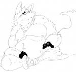 anthro belly clothed clothing male muscular muscular_anthro muscular_male overweight overweight_anthro overweight_male pecs simple_background sitting slightly_chubby solo tongue tongue_out topless white_background unknown_artist gingitsune gintaro canid canine fox mammal hi_res monochrome sketch