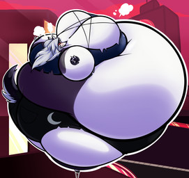 air_inflation air_puff anthro belly belly_expansion big_belly big_breasts big_butt black_bottomwear black_clothing black_handwear blush body_inflation bottomwear breast_expansion breasts building butt butt_expansion city city_background claws cleavage clenched_teeth clothed clothing dark_topwear detailed_background embarrassed expansion female fingerless_gloves floating fur gloves hair handwear held_by_string huge_belly huge_breasts huge_butt hyper hyper_belly hyper_breasts hyper_butt hyper_inflation immobile inflatable inflated_belly inflated_breasts inflation looking_at_viewer midair moon_symbol multicolored_body multicolored_fur red_background red_eyes round_body shirt shorts simple_background solo spherical_inflation street tail teeth tight_clothing toe_claws topwear torn_clothing torn_shirt torn_topwear two_tone_body two_tone_fur white_hair window window_light disco_chaos hellaverse helluva_boss mythology loona_(helluva_boss) canid canid_demon canine demon hellhound mammal mythological_canine mythological_creature 2023 absurd_res hi_res
