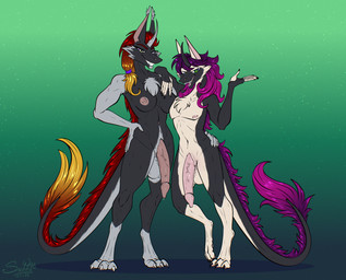 anthro balls breasts claws crossgender duo equis_universe exclusive fangs fluffy ftm_crossgender fur genitals gynomorph hair horn intersex kirinaes male mtg_crossgender mti_crossgender nipples nude paws penis smile tail teeth sunny_way steven_saidon sunny_way_(character) ki'rinaes hi_res