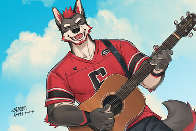 5_fingers acoustic_guitar anthro claws clothed clothing countershade_face countershade_fur countershade_neck countershading eyebrows eyes_closed fingers fur guitar inner_ear_fluff male musical_instrument open_mouth open_smile pawpads playing_guitar playing_music plucked_string_instrument red_clothing red_shirt red_topwear shirt smile solo string_instrument tail topwear tuft canyne_khai canid canine canis domestic_dog mammal