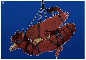 anthro bdsm beak bodily_fluids bondage bound genital_fluids genitals humanoid_genitalia humanoid_penis male pawpads paws penis precum restraints rope rope_bondage rope_harness sensory_deprivation solo wings kzero mythology kyuurin avian gryphon hybrid mythological_avian mythological_creature