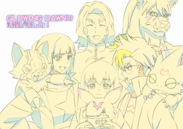 ahoge angry anthro carrying_another claws cowl eyes_closed eyewear female glasses group hair male smile tusks ktldy538tzkf641 bandai_namco digimon digimon_beatbreak kyo_sawashiro makoto_kuonji reina_sakuya tomoro_tenma chiropmon digimon_(species) gekkomon human mammal murasamemon pristimon hi_res
