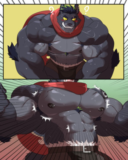 abs anthro areola arm_tuft armpit_hair barazoku biceps big_deltoids big_muscles big_pecs black_areola black_hair black_nipples blush blush_lines bodily_fluids body_hair bottomwear brown_bottomwear brown_clothing brown_shorts bulge chest_tuft clothed clothing deltoids elbow_tuft eye_scar facial_scar forearm_muscles fur green_highlights grey_body grey_fur growth_sequence hair highlights_(coloring) male muscular muscular_anthro muscular_arms muscular_growth muscular_male navel nipples open_mouth pecs question_mark red_scarf scar scarf shorts solo sweat teeth topless tuft tusks vein veiny_muscles yellow_sclera reclamon anothereidos_of_dragon_vein_r dickert_(anothereidos_r) canid canine canis mammal wolf 2025 4:5 comic hi_res