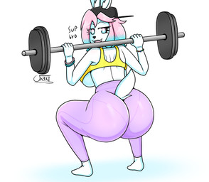 anthro big_breasts big_butt bra bracelet breasts butt clothing exercise female hair hat headgear headwear huge_breasts huge_butt jewelry leggings legwear multicolored_eyes multicolored_hair simple_background solo sports_bra tail thick_thighs two_tone_eyes two_tone_hair under_boob underwear weightlifting white_background wide_hips workout yellow_clothing onyxmeow pb_(theycallhimcake) lagomorph leporid mallkin mammal rabbit absurd_res hi_res busty_boy_(lore) male_(lore)