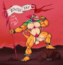 anklet anthro areola armpit_hair ball_tuft balls banner beard belly bent_leg biceps big_balls big_muscles big_penis blood bodily_fluids body_hair bracelet chest_hair claws collar deltoids dripping erection eyebrows facial_hair flag foreskin genital_fluids genitals glans hair happy_trail heart_after_text heart_symbol holding_melee_weapon holding_object holding_polearm holding_spear holding_weapon horn humanoid_genitalia humanoid_penis jewelry legband male manly melee_weapon musclegut muscular muscular_anthro muscular_male navel nipple_piercing nipple_ring nipples non-mammal_balls non-mammal_nipples nude obliques open_mouth open_smile outside pecs penis piercing plantigrade polearm precum precum_drip pubes quads red_sky ring_piercing rock saggy_balls shell sky smile solo spear spiked_anklet spiked_bracelet spiked_collar spiked_legband spiked_shell spiked_tail spikes spikes_(anatomy) standing tail teeth text thick_arms thick_penis thick_thighs tuft unretracted_foreskin urethra vein veiny_penis weapon morgan_deer bowser_day mario_bros nintendo bowser koopa scalie 2025 english_text hi_res signature