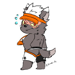 black_body black_fur butt chibi clothing embarrassed fur hat headgear headwear looking_at_viewer looking_back looking_back_at_viewer male visor_cap burakii_jr lifewonders tokyo_afterschool_summoners tadatomo_(tas) canid canine canis domestic_dog mammal 1:1 2019 hi_res