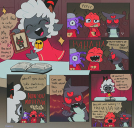 3_eyes ambiguous_anthro ambiguous_gender anthro bell bell_collar blush book collar dialogue embarrassed eyes_closed group holding_object multi_eye open_mouth open_smile red_eyes sharp_teeth smile speech_bubble teeth text xamsdy cult_of_the_lamb massive_monster_(studio) heket_(cult_of_the_lamb) lamb_(cult_of_the_lamb) narinder red_crown_(cult_of_the_lamb) shamura_(cult_of_the_lamb) amphibian arachnid arthropod bovid caprine domestic_cat felid feline felis frog mammal sheep spider 2026 comic digital_drawing_(artwork) digital_media_(artwork) english_text hi_res translated
