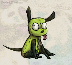 black_limbs blank_stare clothing costume derp_eyes disguise feral green_body machine male plushie seam_(sewing) sitting solo tongue tongue_out zipper deidad_dissitum invader_zim nickelodeon gir_(invader_zim) canid canine canis domestic_dog mammal robot