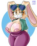 anthro areola areola_slip big_breasts big_ears breasts brown_body brown_fur clothed clothing eyewear eyewear_on_head female fur green_clothing green_shirt green_topwear hair hands_on_back huge_breasts lipstick makeup markings mature_anthro mature_female mole_(marking) nipples open_clothing open_shirt open_topwear orange_eyes orange_hair overalls shirt solo sunglasses sunglasses_on_head tan_body tan_fur thick_thighs thight_clothing topwear white_mouth moonix_xero sega sonic_the_hedgehog_(series) vanilla_the_rabbit lagomorph leporid mammal rabbit absurd_res hi_res