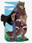 anthro armor balls barazoku clothed clothing erection fur genitals gradient_background hair knot male melee_weapon muscular muscular_anthro muscular_male penis simple_background smile solo sword warrior weapon vitaly4321 skaw_(shawhowl) canid canine canis mammal wolf wulver 3:4 digital_media_(artwork)