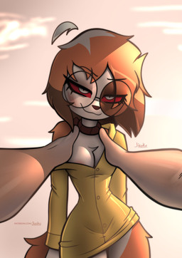 anthro areola areola_slip being_held clothing coat disembodied_hand eyewear female glasses looking_at_viewer raincoat red_sclera topwear jizoku mythology sol_(jizoku) canid canid_demon canine demon hellhound mammal mythological_canine mythological_creature absurd_res hi_res