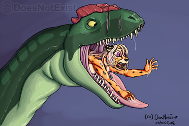 anthro anthro_prey bodily_fluids breasts countershading duo feet_first female feral feral_pred fur green_body green_scales larger_pred male markings neck_bulge open_mouth oral_vore orange_body orange_fur purple_eyes saliva saliva_string scales scar scared screaming sharp_teeth size_difference spots spotted_body teeth tongue unwilling_prey vore yellow_eyes doesnotexist subscribestar alexandra_(velocitycat) ankou_(doesnotexist) allosaurid allosauroid allosaurus cheetah dinosaur felid feline mammal prehistoric_species reptile saurischian scalie theropod 2025 dated digital_media_(artwork) hi_res signature watermark