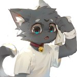 anthro bell bell_collar black_body black_eyes black_fur black_tail blue_eyes bodily_fluids cheek_tuft circle_eyebrows clothing collar cute_fangs eyebrows facial_tuft fangs fur glistening glistening_eyes holding_rag inner_ear_fluff kemono looking_down male multicolored_eyes one_paw_up open_mouth rag shirt solo sweat sweatband tail teeth tongue topwear tuft two_tone_eyes white_clothing white_eyebrows white_inner_ear_fluff white_shirt white_topwear young young_anthro cuihongshi domestic_cat felid feline felis mammal 1:1 2022 digital_media_(artwork) half-length_portrait hi_res portrait