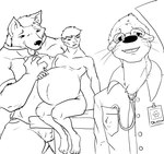 angry anthro belly big_belly clothing doctor doctor_outfit group hair hand_on_belly male male/male medical_instrument name_tag pregnant pregnant_human pregnant_male scientific_instrument smile stethoscope tongue tongue_out trio pandottermon akita canid canine canis domestic_dog human mammal mustelid otter spitz monochrome