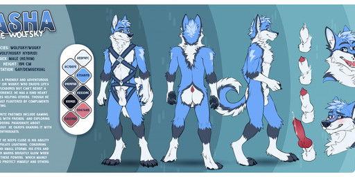 abstract_background animal_genitalia animal_penis anthro balls blue_body blue_eyes blue_fur blue_hair blush bodily_fluids canine_genitalia canine_penis erection front_view fur genital_fluids genitals grin hair harness knot knot_in_sheath looking_at_viewer male male_anthro nude open_mouth penis penis_tip precum rear_view red_penis red_tongue sheath short_hair side_view smile solo standing text tongue white_balls white_body white_fur white_sheath yookie canid canine canis domestic_dog husky hybrid mammal nordic_sled_dog spitz wolf absurd_res english_text hi_res model_sheet