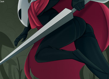 2_horns anthro biped black_body black_eyes butt clothing empty_eyes female holding_melee_weapon holding_object holding_weapon horn melee_weapon red_clothing running solo text weapon white_text suchimonix hollow_knight_(franchise) team_cherry hornet_(hollow_knight) arachnid arthropod spider 2026 absurd_res english_text hi_res signature