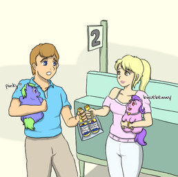 alcohol_bottle ambiguous_feral ambiguous_gender baby_talk beverage_bottle blonde_hair blue_clothing blue_eyes blue_shirt blue_topwear bottle bottomwear brown_eyes brown_hair clothing collar container dialogue eye_contact eyelashes female female_feral female_human feral fur green_hair green_tail grey_bottomwear grey_clothing grey_pants group hair holding_another holding_beer holding_bottle holding_container holding_object light_body light_skin lips looking_at_another male male_human mouth_closed open_mouth pants pink_body pink_clothing pink_fur pink_lips pink_topwear purple_body purple_eyes purple_fur purple_hair purple_tail red_eyes shirt smile standing surprised tail text topwear white_bottomwear white_clothing white_pants young young_ambiguous young_female young_feral carpdime fluffy_pony blueberry_(fluffy_pony) fluffy_pony_(species) human mammal digital_media_(artwork) english_text shaded