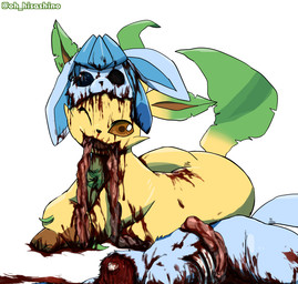 3_toes amber_eyes ambiguous_gender blood blue_body blue_eyes bodily_fluids bone death duo exposed_bone feet feral gore green_body grotesque_death guts headless horror_(theme) intestines lying missing_eye missing_limb nightmare_fuel on_ground open_mouth organs rib_cage snuff toes yellow_body hisashino nintendo pokemon healer_(straviios) eeveelution generation_4_pokemon glaceon leafeon pokemon_(species)