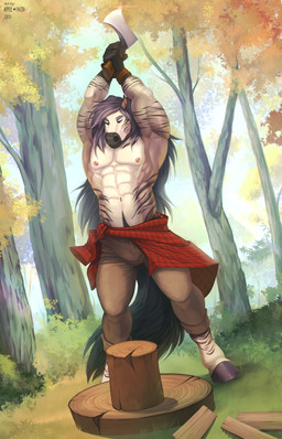abs anthro axe black_markings black_stripes bottomwear brown_bottomwear brown_clothing brown_pants clothed clothing front_view fur grey_body hair holding_axe holding_object log long_hair male male_anthro markings mouth_closed muscular muscular_anthro muscular_male narrowed_eyes nipples outside pants pecs pink_nipples plant purple_hair shrub sky solo standing striped_arms striped_body striped_fur striped_legs stripes text topless tree white_body wood yellow_eyes apple-faced jua_(jrbn1) equid equine horse mammal 2021 absurd_res artist_name dated hi_res